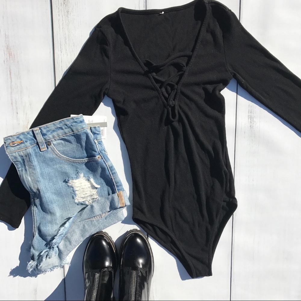 Black Knit Long Sleeve Strappy Bodysuit